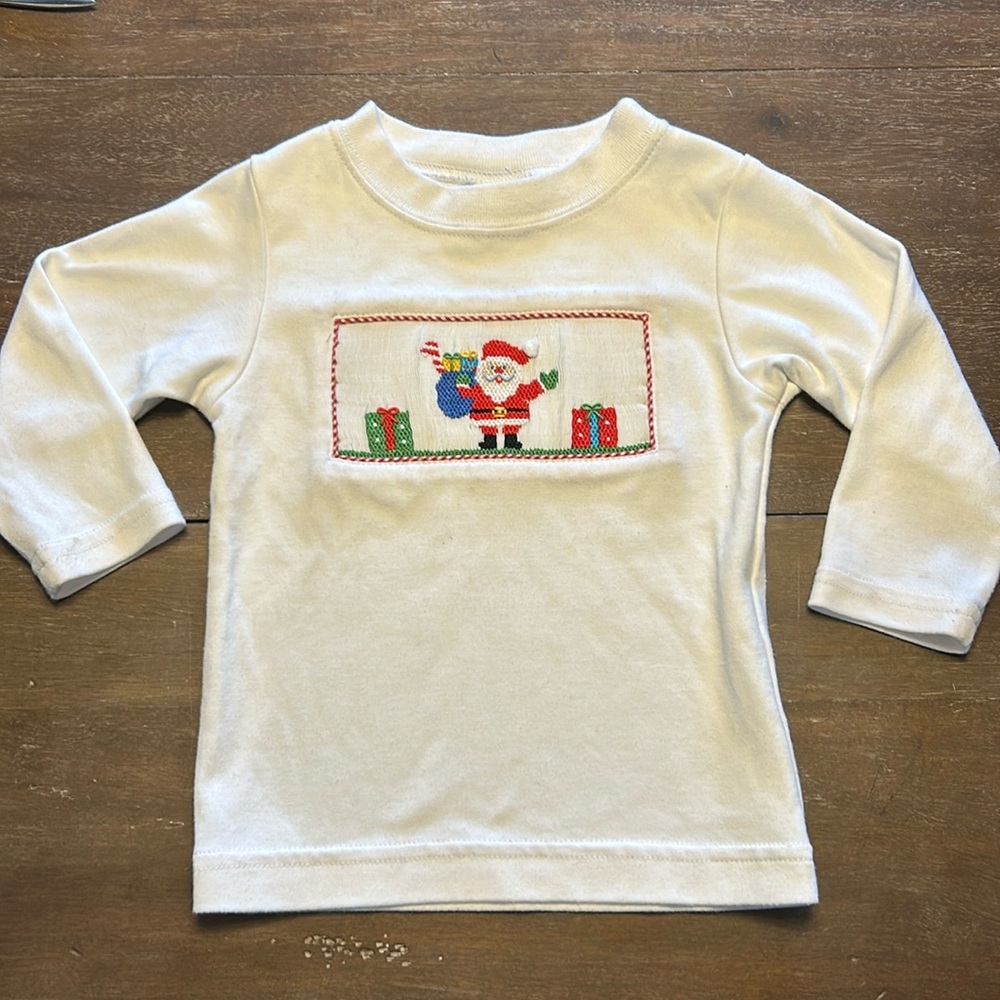Velani Classics Smocked Santa White Long Sleeved Christmas T-Shirt